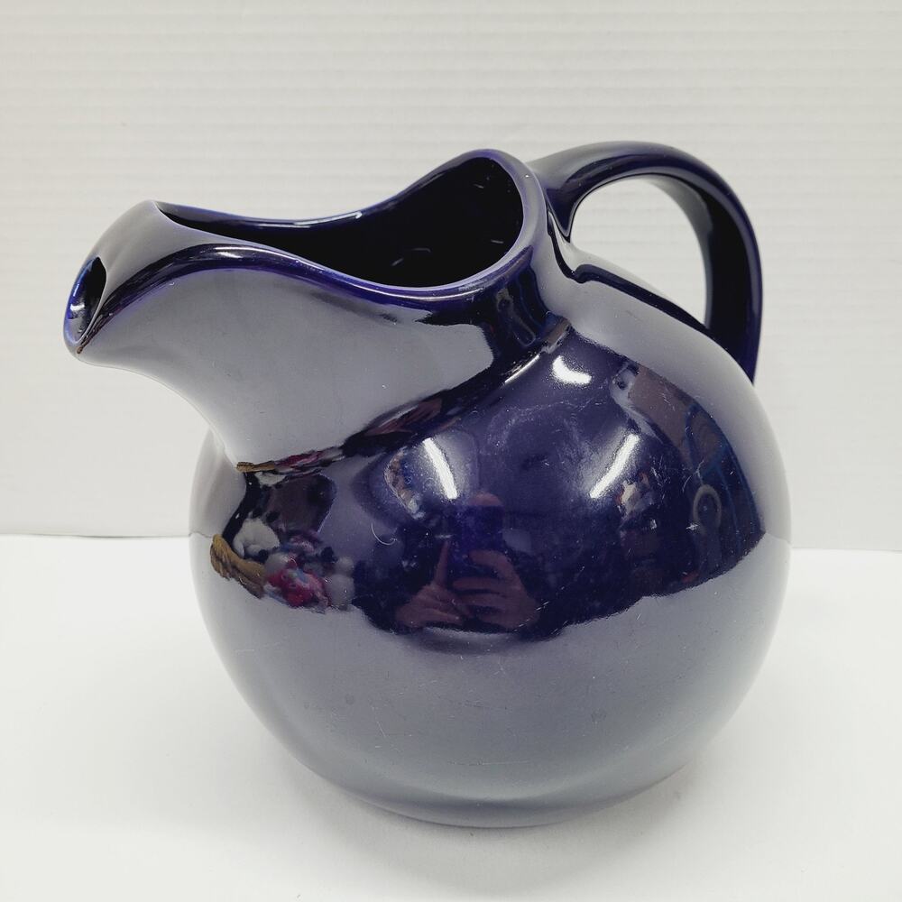 Vintage Cobalt Blue HALL USA Tilted Water or Beverage Ball Pitcher with Ice Lip